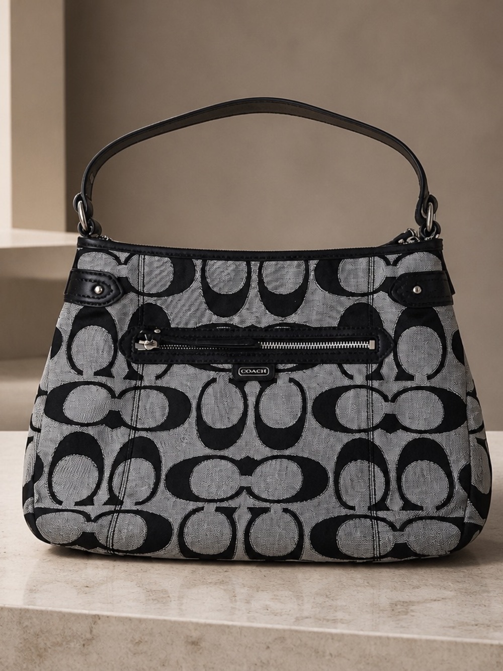 COACH Black Signature Jacquard Hobo Bag with Crossbody strap